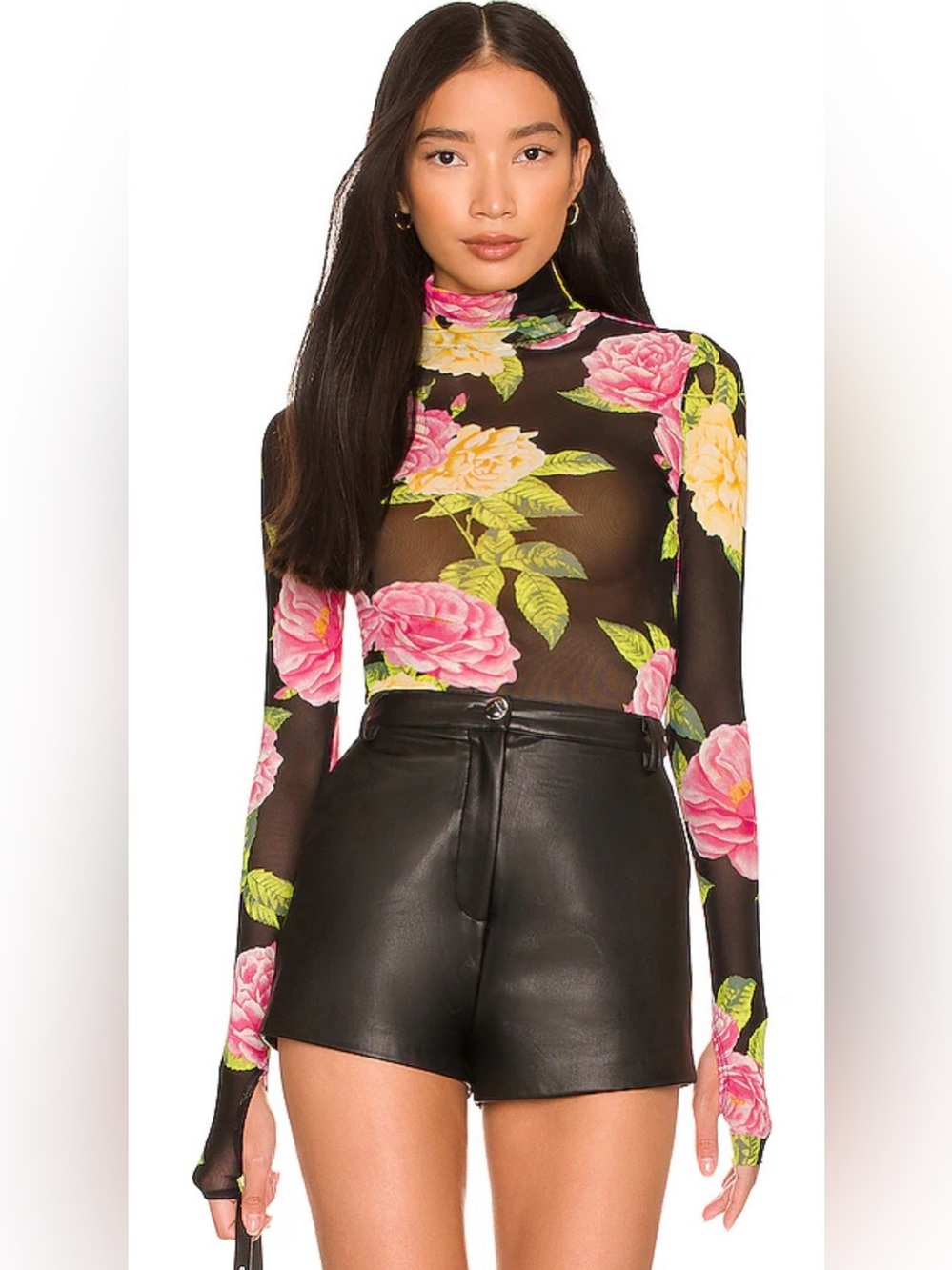 Revolve afrm Sheer Floral Mock Neck Long Sleeve Top - Black/ pink small